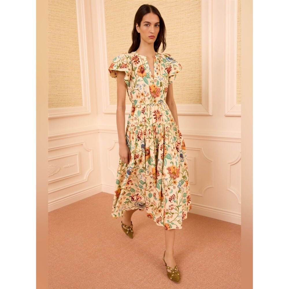 New ULLA JOHNSON Marin Cotton Floral Multicolor Pleated Ruffle-Sleeve Midi Dress - Picture 2 of 13